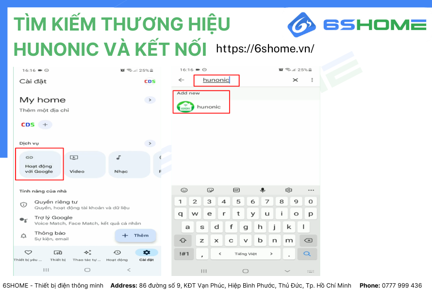 Tìm kiếm thương hiệu Hunonic và tiến hành kết nối