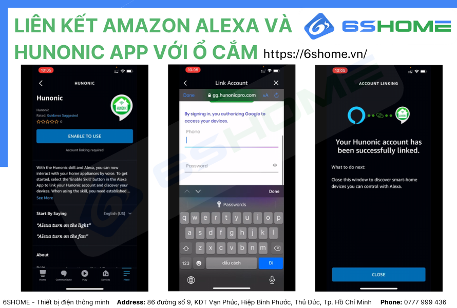 Tìm kiếm app Hunonic và tiến hành xác thực với Amazon Alexa